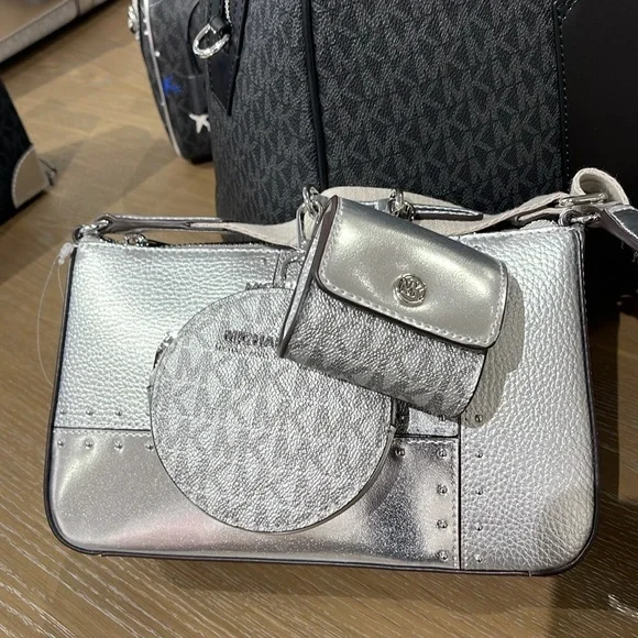 Michael Kors Jet Set Travel Small Metallic Patchwork Signature Logo Crossbody - Picture 9 of 16